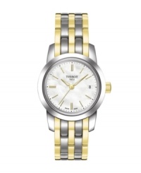 Stunning metal tones and a lustrous dial set Tissot's Classic Dream watch apart from the rest. Two-tone stainless steel bracelet and round case. White mother-of-pearl dial features goldtone stick indices, date window at three o'clock, luminous hands and logo. Swiss movement. Water resistant to 30 meters. Two-year limited warranty. Stunning metal tones and a lustrous dial set Tissot's Classic Dream watch apart from the rest. Two-tone stainless steel bracelet and round case. White mother-of-pearl dial features goldtone stick indices, date window at three o'clock, luminous hands and logo. Swiss movement. Water resistant to 30 meters. Two-year limited warranty.