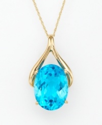 An oval-shaped blue topaz (12 ct. t.w.) set within 14k gold wishbone design radiates colorful elegance. Chain measures 18 inches. An oval-shaped blue topaz (12 ct. t.w.) set within 14k gold wishbone design radiates colorful elegance. Chain measures 18 inches.