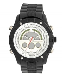 Meet any challenge with this strapping watch by Unlisted. Black rubber and plastic strap and round black-plated mixed metal case. White dial features tachymeter scale, stick indices, digital subdials, luminous hour and minute hands and red second hand. Quartz movement. Splash resistant. Two-year limited warranty. Meet any challenge with this strapping watch by Unlisted. Black rubber and plastic strap and round black-plated mixed metal case. White dial features tachymeter scale, stick indices, digital subdials, luminous hour and minute hands and red second hand. Quartz movement. Splash resistant. Two-year limited warranty.