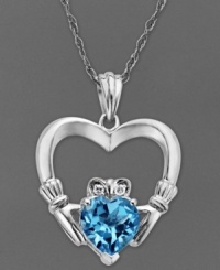 Celtic inspiration. This beautiful Claddagh pendant features a heart-shaped blue topaz (1-5/8 ct. t.w.) a sparkling diamond accent and a polished sterling silver setting. Approximate length: 18 inches. Approximate drop: 1/2 inch. Celtic inspiration. This beautiful Claddagh pendant features a heart-shaped blue topaz (1-5/8 ct. t.w.) a sparkling diamond accent and a polished sterling silver setting. Approximate length: 18 inches. Approximate drop: 1/2 inch.