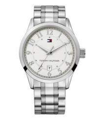 The name says it all: Essential, by Tommy Hilfiger. Silvertone mixed metal bracelet and round case. Textured silver dial features silvertone numerals and hands, flag logo and date window at six o'clock. Quartz movement. Water resistant to 30 meters. Ten-year limited warranty. The name says it all: Essential, by Tommy Hilfiger. Silvertone mixed metal bracelet and round case. Textured silver dial features silvertone numerals and hands, flag logo and date window at six o'clock. Quartz movement. Water resistant to 30 meters. Ten-year limited warranty.