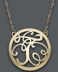 Trend setting style. This popular pendant combines a sweet scrolling design with the letter F. Circular setting and chain crafted in 14k gold. Approximate length: 17 inches. Approximate drop: 1 inch. Trend setting style. This popular pendant combines a sweet scrolling design with the letter F. Circular setting and chain crafted in 14k gold. Approximate length: 17 inches. Approximate drop: 1 inch.