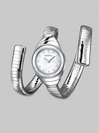 From the Snake Collection. A unique wrapped design with dazzling Swarovski crystals in polished stainless steel. Quartz movementWater resistant to 3 ATMRound stainless steel case, 30mm (1.2)Smooth bezelMother-of-pearl dialSwarovski crystal hour markersStainless steel wrapped snake braceletImported From the Snake Collection. A unique wrapped design with dazzling Swarovski crystals in polished stainless steel. Quartz movementWater resistant to 3 ATMRound stainless steel case, 30mm (1.2)Smooth bezelMother-of-pearl dialSwarovski crystal hour markersStainless steel wrapped snake braceletImported
