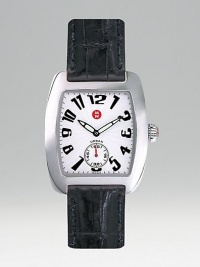 From the Urban Collection. Petite stainless steel timepiece has a retro-inspired barrel-shaped case and black alligator embossed strap. Swiss quartz movement Water resistant to 5ATM White guilloche dial with second sub-dial K-1 mineral crystal Barrel-shape case, 29mm X 35mm, 1.14 X 1.38 Interchangeable strap width, 16mm, 0.63 Imported From the Urban Collection. Petite stainless steel timepiece has a retro-inspired barrel-shaped case and black alligator embossed strap. Swiss quartz movement Water resistant to 5ATM White guilloche dial with second sub-dial K-1 mineral crystal Barrel-shape case, 29mm X 35mm, 1.14 X 1.38 Interchangeable strap width, 16mm, 0.63 Imported