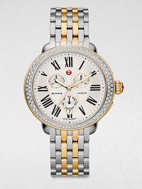 From the Serein Collection. An elegant, timepiece in sleek sterling silver and radiant 18k goldplated stainless steel accented with brilliant diamonds. Swiss quartz movementWater resistant to 5 ATMRound stainless steel case, 40mm (1.6)Diamond accented bezel, .6 tcwSilvertone chronograph dialDate display at 6 o'clockSecond hand Two-tone stainless steel link bracelet, 18mm wide (0.7)Imported From the Serein Collection. An elegant, timepiece in sleek sterling silver and radiant 18k goldplated stainless steel accented with brilliant diamonds. Swiss quartz movementWater resistant to 5 ATMRound stainless steel case, 40mm (1.6)Diamond accented bezel, .6 tcwSilvertone chronograph dialDate display at 6 o'clockSecond hand Two-tone stainless steel link bracelet, 18mm wide (0.7)Imported