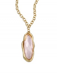 THE LOOK14k goldplated brass chainPink topaz oval pendant with wave trimLobster claspTHE MEASUREMENTLength, about 35½Pendant drop, about 3½ORIGINMade in USA THE LOOK14k goldplated brass chainPink topaz oval pendant with wave trimLobster claspTHE MEASUREMENTLength, about 35½Pendant drop, about 3½ORIGINMade in USA