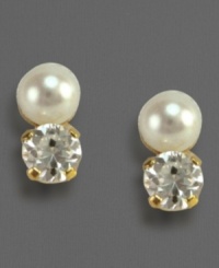 Double up on elegance with these luminous cultured freshwater pearl (3-3.25 mm) and cubic zirconia earrings, set in 14k gold. Double up on elegance with these luminous cultured freshwater pearl (3-3.25 mm) and cubic zirconia earrings, set in 14k gold.