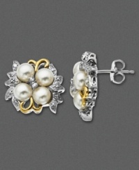 Frame your face with a touch of nature. Sterling silver earrings feature a cluster of four cultured freshwater pearls (5 mm) surrounded by 14k gold ribbons and diamond-accented leaves. Frame your face with a touch of nature. Sterling silver earrings feature a cluster of four cultured freshwater pearls (5 mm) surrounded by 14k gold ribbons and diamond-accented leaves.