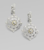 From the Windsor Collection. Antique-inspired shields of white pavé sapphires, sterling silver and 18k yellow gold drop from the ears with vintage elegance. White sapphires Sterling silver and 18k yellow gold Drop, about 1¼ Length, about 1 Width, about ¾ Post and hinge back Imported 