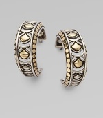 From the Naga Collection. Striking half hoops combine dots and arcs, sterling silver and 18k gold, in a design that feels both tribal and modern.Sterling silver and 18k yellow gold Drop, about 1 Post back Made in Bali