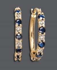 Round out your look in fabulous hoops with a hint of color. Earrings feature round-cut sapphires (9/10 ct. t.w.) alternating with sparkling diamond accents. Set in 14k gold. Approximate diameter: 3/4 inch. Round out your look in fabulous hoops with a hint of color. Earrings feature round-cut sapphires (9/10 ct. t.w.) alternating with sparkling diamond accents. Set in 14k gold. Approximate diameter: 3/4 inch.