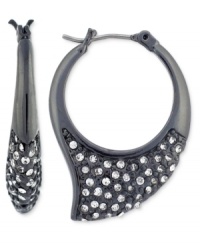 Aquatic aesthetics. BCBGeneration's hoop earrings, crafted from hematite-tone mixed metal with glass crystal pave accents, have a shark fin motif for a whimsical touch with a bit of an edge. Approximate drop: 1-3/4 inches. Aquatic aesthetics. BCBGeneration's hoop earrings, crafted from hematite-tone mixed metal with glass crystal pave accents, have a shark fin motif for a whimsical touch with a bit of an edge. Approximate drop: 1-3/4 inches.
