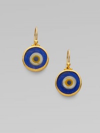 From the Evil Eye Collection. An evil eye, richly framed in 24k gold, wards off negativity while looking divine.24k yellow gold Glass length, about 1 Diameter, about ½ Ear wire Imported From the Evil Eye Collection. An evil eye, richly framed in 24k gold, wards off negativity while looking divine.24k yellow gold Glass length, about 1 Diameter, about ½ Ear wire Imported