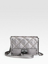 Traditional quilting adds lady-like style to this metallic leather shoulder bag in a compact size. Chain and metallic leather shoulder strap, 23¼ dropFlap closure with turn-lockOne inside zip pocketOne inside open pocketEight credit card slotsCotton lining7¾W X 5H X 1DImported Traditional quilting adds lady-like style to this metallic leather shoulder bag in a compact size. Chain and metallic leather shoulder strap, 23¼ dropFlap closure with turn-lockOne inside zip pocketOne inside open pocketEight credit card slotsCotton lining7¾W X 5H X 1DImported