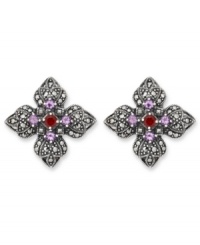 Sweet studs reminiscent of springtime. Crafted in sterling silver, Genevieve & Grace's four-petal earrings feature round-cut amethyst (1 ct. t.w.), garnet (1/5 ct. t.w.) and glittering marcasite in sterling silver. Earrings feature a clip-on backing for non-pierced ears. Approximate diameter: 1-1/8 inches. Sweet studs reminiscent of springtime. Crafted in sterling silver, Genevieve & Grace's four-petal earrings feature round-cut amethyst (1 ct. t.w.), garnet (1/5 ct. t.w.) and glittering marcasite in sterling silver. Earrings feature a clip-on backing for non-pierced ears. Approximate diameter: 1-1/8 inches.