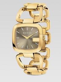 From the G-Gucci Collection. A radiant style constructed of goldtone PVD with an iconic logo bezel. Swiss quartz movementWater resistant to 3 ATMRectangular goldtone PVD case, 32mm (1.25) X 30mm (1.18)Logo bezelBrown sun-brushed dialBar hour markersGoldtone PVD link braceletMade in Switzerland From the G-Gucci Collection. A radiant style constructed of goldtone PVD with an iconic logo bezel. Swiss quartz movementWater resistant to 3 ATMRectangular goldtone PVD case, 32mm (1.25) X 30mm (1.18)Logo bezelBrown sun-brushed dialBar hour markersGoldtone PVD link braceletMade in Switzerland