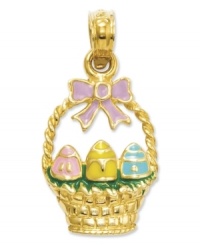 What better gift to add to an Easter basket, but a petite Easter basket charm! Crafted in 14k gold, this intricate design features a pastel enamel decor and three vibrant Easter eggs. Approximate length: 4/5 inch. Approximate width: 2/5 inch. What better gift to add to an Easter basket, but a petite Easter basket charm! Crafted in 14k gold, this intricate design features a pastel enamel decor and three vibrant Easter eggs. Approximate length: 4/5 inch. Approximate width: 2/5 inch.