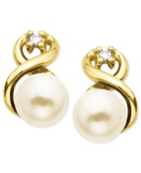 Get caught in a loving embrace. These loop earrings, crafted from 10k gold, offer cultured freshwater pearls and diamond accents for a sparkling touch. Approximate drop: 3/8 inch. Approximate width: 1/5 inch.