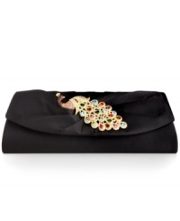 Bejeweled, bedazzled and sized right for night, this Sasha clutch is exquisitely embellished with a sparkling stone peacock broach. Elegantly pleated, its palm-perfect shape easily accommodates your evening essentials. Bejeweled, bedazzled and sized right for night, this Sasha clutch is exquisitely embellished with a sparkling stone peacock broach. Elegantly pleated, its palm-perfect shape easily accommodates your evening essentials.