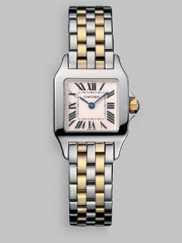 18k yellow gold crown set with faceted synthetic spinal has silver grained dial and 18k yellow gold and stainless steel bracelet. Blue steel hands Case, 28mm X 22mm, 1.10 X 0.87 Case depth, 5.5mm, 0.22 Roman numerals Cartier caliber 157 quartz movement Water-resistant to 100 feet Band width, 12mm, 0.47 Made in Switzerland 18k yellow gold crown set with faceted synthetic spinal has silver grained dial and 18k yellow gold and stainless steel bracelet. Blue steel hands Case, 28mm X 22mm, 1.10 X 0.87 Case depth, 5.5mm, 0.22 Roman numerals Cartier caliber 157 quartz movement Water-resistant to 100 feet Band width, 12mm, 0.47 Made in Switzerland
