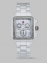 Cool ceramic meets sparkling diamonds for a bright and brilliant Swiss timepiece. Swiss quartz movement 108 diamond bezel Diamonds, tcw .60 K-1 mineral crystal Square face Mother-of-pearl chronograph dial Number markers Date display Ceramic case and band Strap is not interchangeable Imported Cool ceramic meets sparkling diamonds for a bright and brilliant Swiss timepiece. Swiss quartz movement 108 diamond bezel Diamonds, tcw .60 K-1 mineral crystal Square face Mother-of-pearl chronograph dial Number markers Date display Ceramic case and band Strap is not interchangeable Imported