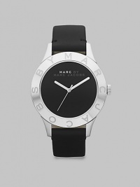 A clean and sleek style in stainless steel and supple, matte leather. Quartz movementWater resistant to 5 ATMRound stainless steel case, 40mm (1.6) Logo engraved bezelBlack dialSecond hand Black matte leather strapImported A clean and sleek style in stainless steel and supple, matte leather. Quartz movementWater resistant to 5 ATMRound stainless steel case, 40mm (1.6) Logo engraved bezelBlack dialSecond hand Black matte leather strapImported