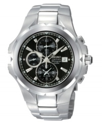Savor the moment. This chronograph Seiko watch features a stainless steel bracelet and round case. Black dial with alarm, silvertone stick indices, logo, date window and three subdials. Quartz movement. Water resistant to 50 meters. Three-year limited warranty. Savor the moment. This chronograph Seiko watch features a stainless steel bracelet and round case. Black dial with alarm, silvertone stick indices, logo, date window and three subdials. Quartz movement. Water resistant to 50 meters. Three-year limited warranty.