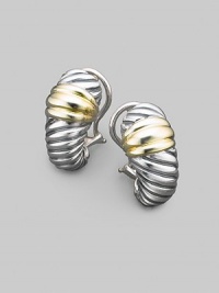 From the Thoroughbred Collection. A textured shrimp shape gleams with the richness of sterling silver and 14k gold. Sterling silver and 14k yellow gold Length, about 1 Post-and-hinge back Imported From the Thoroughbred Collection. A textured shrimp shape gleams with the richness of sterling silver and 14k gold. Sterling silver and 14k yellow gold Length, about 1 Post-and-hinge back Imported