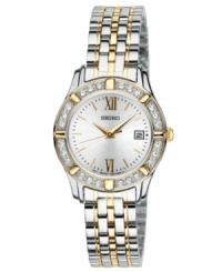 This stunning Seiko watch is embellished with shimmering Swarovski accents and golden tones. This stunning Seiko watch is embellished with shimmering Swarovski accents and golden tones.