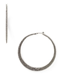 Lauren Ralph Lauren taps into the textured trend with this pair of silver-plated hoop earrings, flaunting a bold shape and subtle detailing. Lauren Ralph Lauren taps into the textured trend with this pair of silver-plated hoop earrings, flaunting a bold shape and subtle detailing.