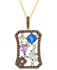 Start spreading the hues. Le Vian brings together cushion-cut blue topaz (1-1/10 ct. t.w.), pear-shaped pink amethyst (3/4 ct. t.w.), oval green amethyst (3/4 ct. t.w.), round white topaz (1/2 ct. t.w.) and round smokey quartz (7/8 ct. t.w.) to stunning effect in this pendant. Necklace crafted from 14k gold. Approximate length: 18 inches. Approximate drop: 1-1/2 inches. Start spreading the hues. Le Vian brings together cushion-cut blue topaz (1-1/10 ct. t.w.), pear-shaped pink amethyst (3/4 ct. t.w.), oval green amethyst (3/4 ct. t.w.), round white topaz (1/2 ct. t.w.) and round smokey quartz (7/8 ct. t.w.) to stunning effect in this pendant. Necklace crafted from 14k gold. Approximate length: 18 inches. Approximate drop: 1-1/2 inches.