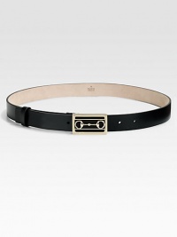 A smooth leather belt with horsebit-accented buckle in light gold hardware.About 1 wideMade in Italy A smooth leather belt with horsebit-accented buckle in light gold hardware.About 1 wideMade in Italy