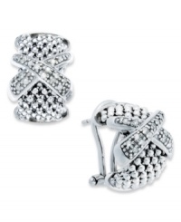 X marks the spot. These chic half-hoop earrings come in sterling silver mesh with a diamond-accented (1/8 ct. t.w.) cross. Approximate diameter: 1/2 inch. X marks the spot. These chic half-hoop earrings come in sterling silver mesh with a diamond-accented (1/8 ct. t.w.) cross. Approximate diameter: 1/2 inch.