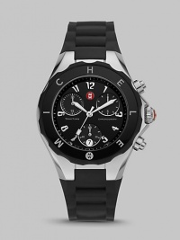 From the Tahitian Jelly Bean Collection. A sporty timepiece with stainless steel accents, enamel dial and silicone strap.Swiss quartz movement Water resistant to 5 ATM Logo bezel Round stainless steel case, 40mm, (1.49) K-1 mineral crystal Chronograph dial Arabic numeral hour markers Second hand Silicone strap, 23mm, (.91) Imported From the Tahitian Jelly Bean Collection. A sporty timepiece with stainless steel accents, enamel dial and silicone strap.Swiss quartz movement Water resistant to 5 ATM Logo bezel Round stainless steel case, 40mm, (1.49) K-1 mineral crystal Chronograph dial Arabic numeral hour markers Second hand Silicone strap, 23mm, (.91) Imported