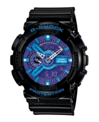 Color shock. Bold blue adds energy to this powerful watch by G-Shock. Black resin strap and round case with logo at bezel. Blue analog and digital display dial features shock and magnetic resistance, auto LED, flash alert, world time, four daily alarms and one snooze, stopwatch, speed indicator, countdown timer, 12/24-hour formats and mute function. Quartz movement. Water resistant to 200 meters. One-year limited warranty. Color shock. Bold blue adds energy to this powerful watch by G-Shock. Black resin strap and round case with logo at bezel. Blue analog and digital display dial features shock and magnetic resistance, auto LED, flash alert, world time, four daily alarms and one snooze, stopwatch, speed indicator, countdown timer, 12/24-hour formats and mute function. Quartz movement. Water resistant to 200 meters. One-year limited warranty.