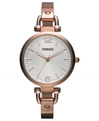 This Georgia watch by Fossil features a feminine silhouette with rosy hues. This Georgia watch by Fossil features a feminine silhouette with rosy hues.