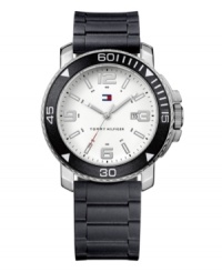Suit up and head out with this go-everywhere sport watch by Tommy Hilfiger. Black silicone strap with faux link texture and round stainless steel case with white numerals at black bezel. White dial features applied silver tone numerals at twelve, three, six and nine o'clock, stick indices, date window, three hands an iconic flag logo. Quartz movement. Water resistant to 30 meters. Ten-year limited warranty. Suit up and head out with this go-everywhere sport watch by Tommy Hilfiger. Black silicone strap with faux link texture and round stainless steel case with white numerals at black bezel. White dial features applied silver tone numerals at twelve, three, six and nine o'clock, stick indices, date window, three hands an iconic flag logo. Quartz movement. Water resistant to 30 meters. Ten-year limited warranty.