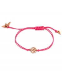 Give peace a chance. This RACHEL Rachel Roy bracelet showcases a peace sign charm with glass stone accents. An adjustable pink cotton cord holds it all together. Set in worn gold tone mixed metal. Approximate diameter: 1 inches. Adjustable from 1 inch to 7-1/4 inches. Give peace a chance. This RACHEL Rachel Roy bracelet showcases a peace sign charm with glass stone accents. An adjustable pink cotton cord holds it all together. Set in worn gold tone mixed metal. Approximate diameter: 1 inches. Adjustable from 1 inch to 7-1/4 inches.