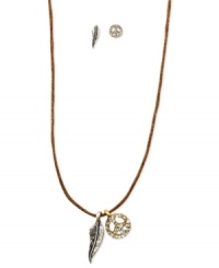 Give this peace sign and feather a chance. This set from RACHEL Rachel Roy is crafted from gold-tone and silver-tone mixed metal with glass stones adding luster. Approximate length, necklace: 15 inches. Approximate drop: 1/4 inch. Approximate diameter: 1/4 inch. Give this peace sign and feather a chance. This set from RACHEL Rachel Roy is crafted from gold-tone and silver-tone mixed metal with glass stones adding luster. Approximate length, necklace: 15 inches. Approximate drop: 1/4 inch. Approximate diameter: 1/4 inch.