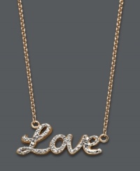 Say it if you mean it. Studio Silver's romantic Love necklace features a cursive design with a unique diamond-cut surface. Set in 18k rose gold over sterling silver. Approximate length: 16 inches + 2-inch extender. Approximate drop length: 1 inch. Approximate drop width: 1/2 inch. Say it if you mean it. Studio Silver's romantic Love necklace features a cursive design with a unique diamond-cut surface. Set in 18k rose gold over sterling silver. Approximate length: 16 inches + 2-inch extender. Approximate drop length: 1 inch. Approximate drop width: 1/2 inch.