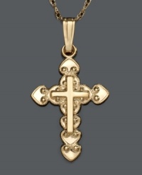A beautiful and poignant beginning to a little girl's jewelry collection. Antique cross pendant and chain set in 14k gold. Approximate length: 15 inches. Approximate drop: 3/4 inch. A beautiful and poignant beginning to a little girl's jewelry collection. Antique cross pendant and chain set in 14k gold. Approximate length: 15 inches. Approximate drop: 3/4 inch.