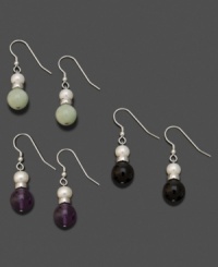 Three pairs of earrings filled with artistic elegance. Each sterling silver pair features cultured freshwater pearl (7-8 mm) and jade (10 mm), onyx (10 mm) or round-cut amethyst (1/6 ct. t.w.). Earrings measure approximately 1-1/2 inches. Three pairs of earrings filled with artistic elegance. Each sterling silver pair features cultured freshwater pearl (7-8 mm) and jade (10 mm), onyx (10 mm) or round-cut amethyst (1/6 ct. t.w.). Earrings measure approximately 1-1/2 inches.