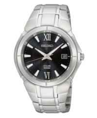 A dashing steel silhouette with movement powered by the sun. Watch by Seiko crafted of brushed and polished stainless steel bracelet and round case, 40mm. Textured black dial features silver tone Roman numerals at twelve and six o'clock, stick indices, minute track, date window at three o'clock, LumiBrite hands and logo. Solar-powered quartz movement. Water resistant to 100 meters. Three-year limited warranty. A dashing steel silhouette with movement powered by the sun. Watch by Seiko crafted of brushed and polished stainless steel bracelet and round case, 40mm. Textured black dial features silver tone Roman numerals at twelve and six o'clock, stick indices, minute track, date window at three o'clock, LumiBrite hands and logo. Solar-powered quartz movement. Water resistant to 100 meters. Three-year limited warranty.