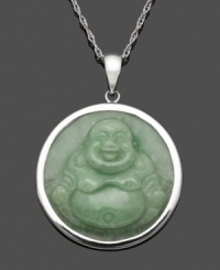 Add a little religious-inspiration to your look in this beautifully-crafted Buddha pendant. Made from solid jade (25 mm), this circular style shines against a polished sterling silver setting and chain. Approximate length: 18 inches. Approximate drop: 1-1/4 inches. Add a little religious-inspiration to your look in this beautifully-crafted Buddha pendant. Made from solid jade (25 mm), this circular style shines against a polished sterling silver setting and chain. Approximate length: 18 inches. Approximate drop: 1-1/4 inches.