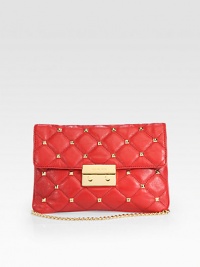 Supple leather, studded with goldtone hardware and suspended from a matching chain shoulder strap.Chain shoulder strap, 12 dropPushlock clasp flap closureDetachable luggage tagOne inside zip pocketTwo inside open pocketsInside credit card slotsFully lined11W X 7H X 1DImported Supple leather, studded with goldtone hardware and suspended from a matching chain shoulder strap.Chain shoulder strap, 12 dropPushlock clasp flap closureDetachable luggage tagOne inside zip pocketTwo inside open pocketsInside credit card slotsFully lined11W X 7H X 1DImported