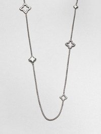A long graceful box chain of sterling silver is dotted with an array of shapely quatrefoil charms in open, solid and cable styles, adding character and understated elegance.Sterling silverLength, about 36Lobster clasp closureImported A long graceful box chain of sterling silver is dotted with an array of shapely quatrefoil charms in open, solid and cable styles, adding character and understated elegance.Sterling silverLength, about 36Lobster clasp closureImported
