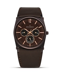 A performance piece, this leather strapped watch from Skagen with Japanese quartz movement and a bold leather strap is designed with dynamism in mind. A performance piece, this leather strapped watch from Skagen with Japanese quartz movement and a bold leather strap is designed with dynamism in mind.