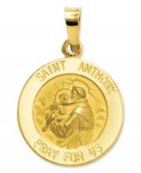 Commemorate the patron Saint of animals. This intricate medal charm features a divine depiction, as well as the words: Saint Anthony Pray For Us in 14k gold. Chain not included. Approximate length: 9/10 inch. Approximate width: 3/5 inch. Commemorate the patron Saint of animals. This intricate medal charm features a divine depiction, as well as the words: Saint Anthony Pray For Us in 14k gold. Chain not included. Approximate length: 9/10 inch. Approximate width: 3/5 inch.