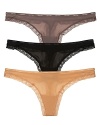 A basic thong with intricate lace trim and logo stamped waistband. Style #D3445