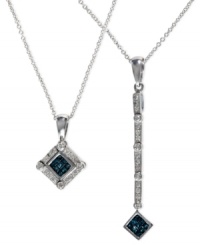 Extended elegance. This 14k white gold necklace from Diversa by EFFY Collection gets a stylish touch with a convertible pendant made of round-cut and square-cut blue (1/4 ct. t.w.) and white (1/6 ct. t.w.) diamonds. Approximate length: 18 inches. Approximate drop length: 5/8 inch, or 1/2 inch. Approximate drop width: 3/8 inch. Extended elegance. This 14k white gold necklace from Diversa by EFFY Collection gets a stylish touch with a convertible pendant made of round-cut and square-cut blue (1/4 ct. t.w.) and white (1/6 ct. t.w.) diamonds. Approximate length: 18 inches. Approximate drop length: 5/8 inch, or 1/2 inch. Approximate drop width: 3/8 inch.